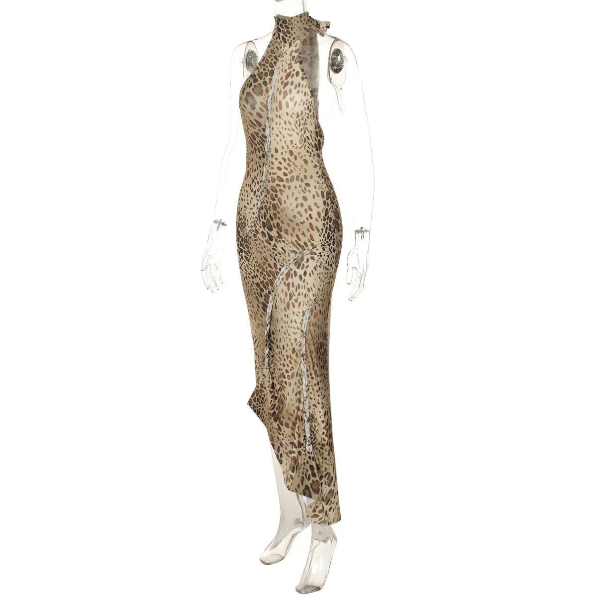 Halter Neck Leopard Print Backless Maxi Dress for Women