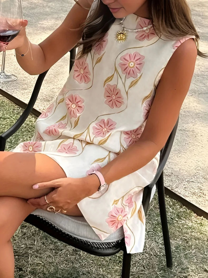 Floral Print Sleeveless Round Neck Mini Dress With Back Keyhole for Women