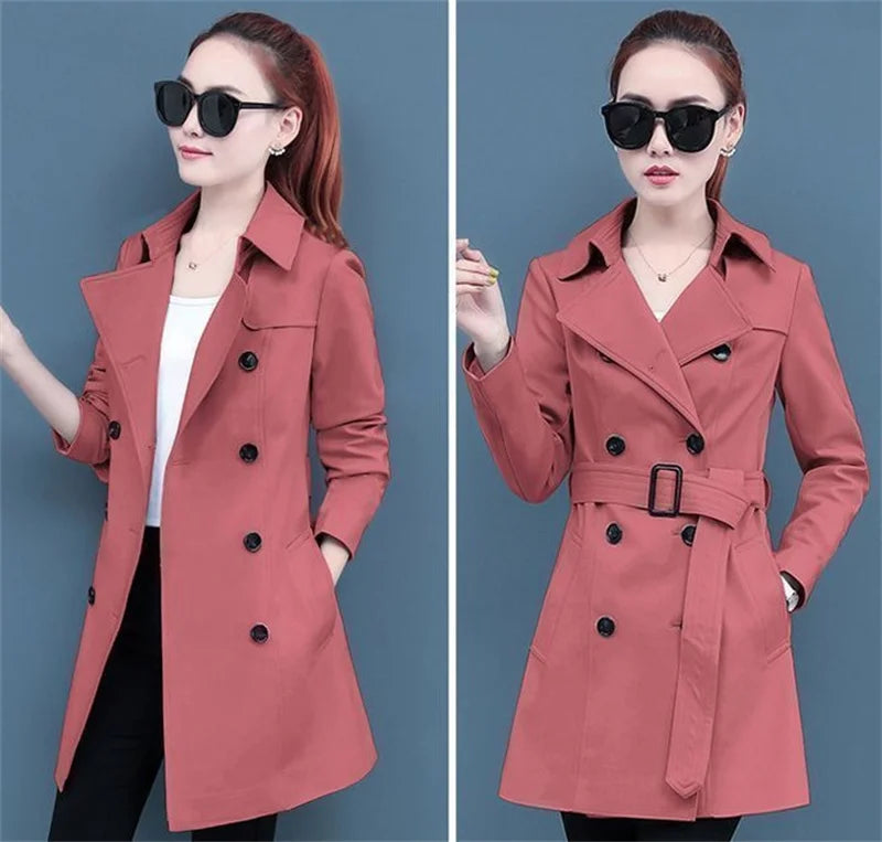 2025 New Trench Coat Midi Length Fashion Korean Elegant Khaki Black Loose Women's Windbreaker Coat Casual Double Breasted Tops