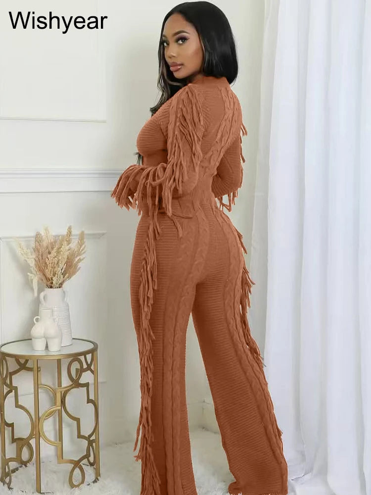Casual Winter Warm Knitted Sweater Tassel 2 Piece Set  Women Long Sleeve Crop Top and Pants Streetwear outdoors vacation Outfits