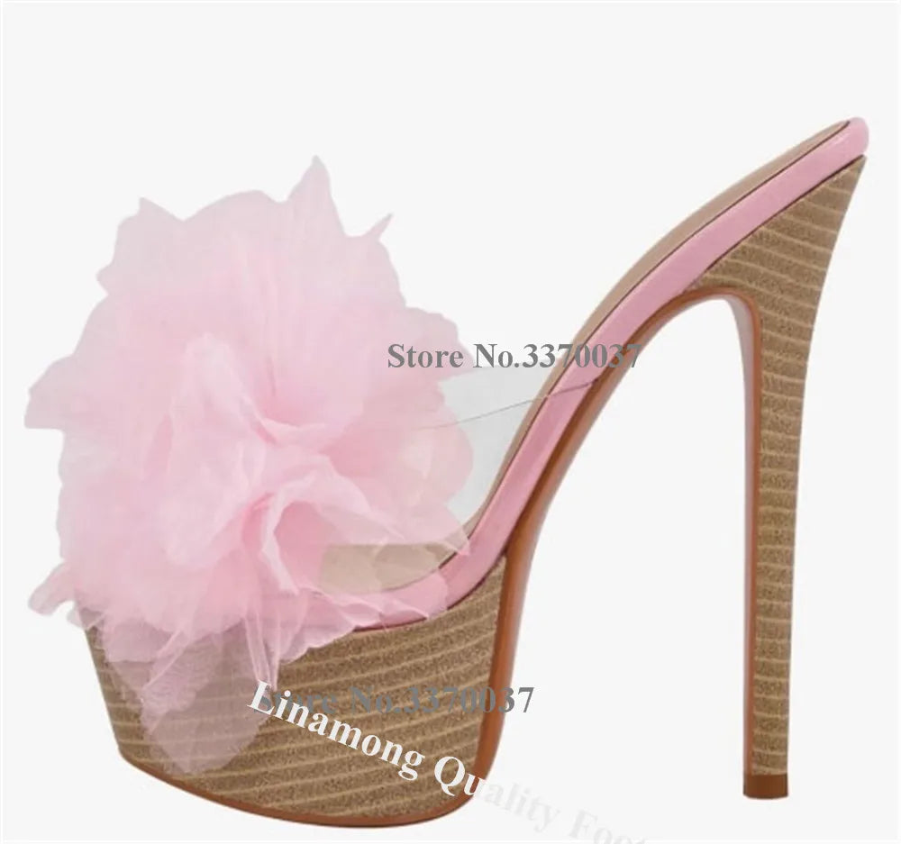 Pink Flower Embellished Open Toe Stiletto Sandals with Ankle Strap for Women