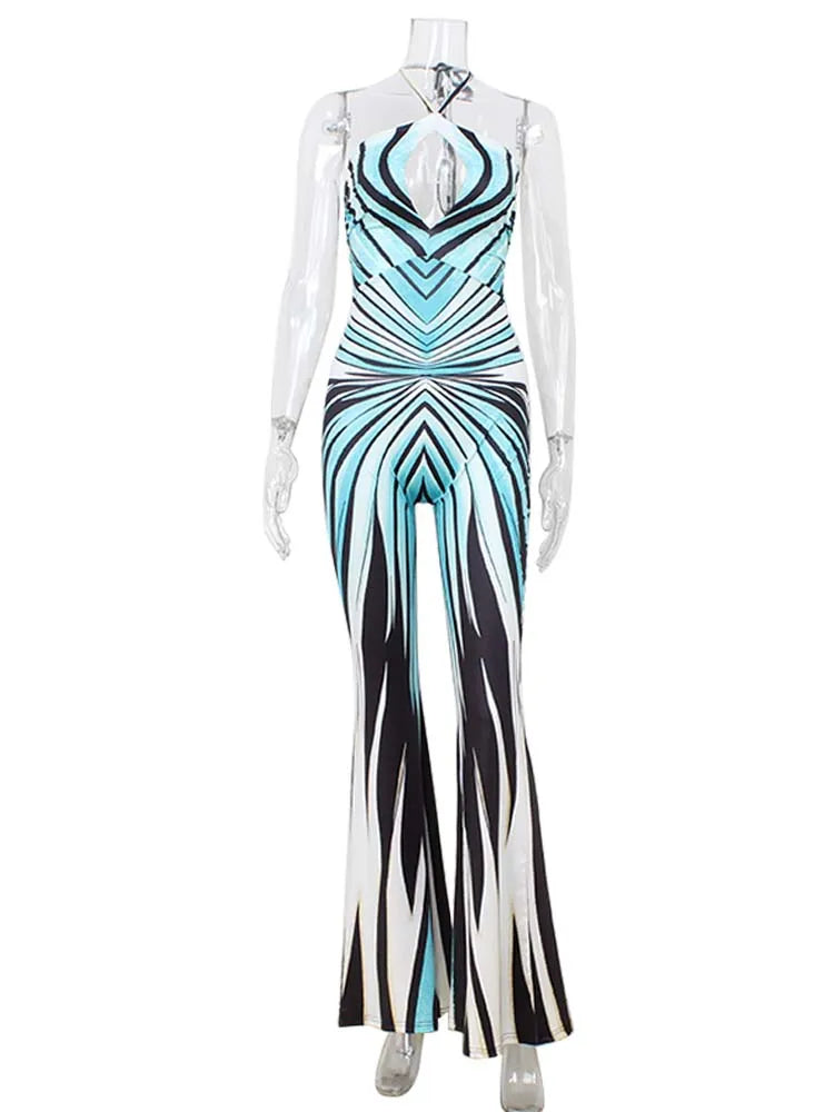 Striped Halter Neck Slim Fit Flare Leg Jumpsuit for Women