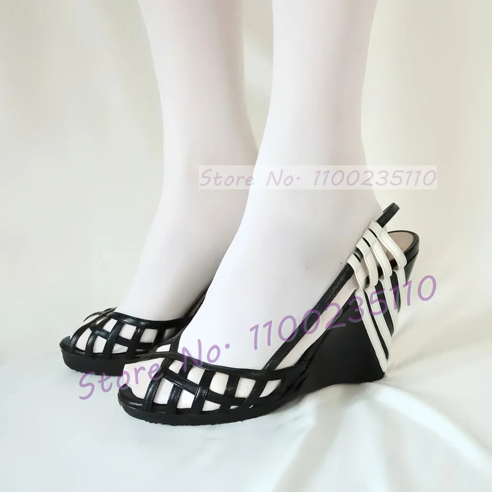 Two Tone Peep Toe Cross Strap Wedge Sandals For Women