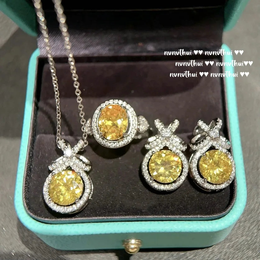 Round Cut Yellow Cubic Zirconia Bridal Jewelry Set for Women