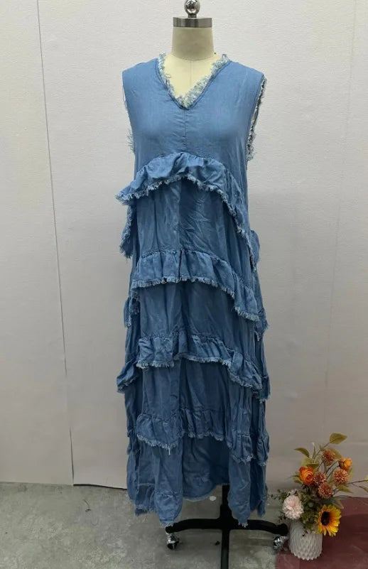 Solid Color V-Neck A-Line Ankle Length Dress for Women