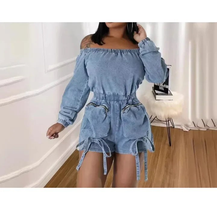 Denim Jumpsuit Womens Clothing Pocket Sexy  Chest Hugging Elastic Waist Long Sleeves Conjoined Body Shorts for Female Streetwear