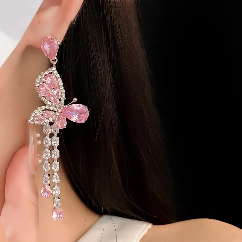 Pink Zircon Butterfly Tassel Earrings