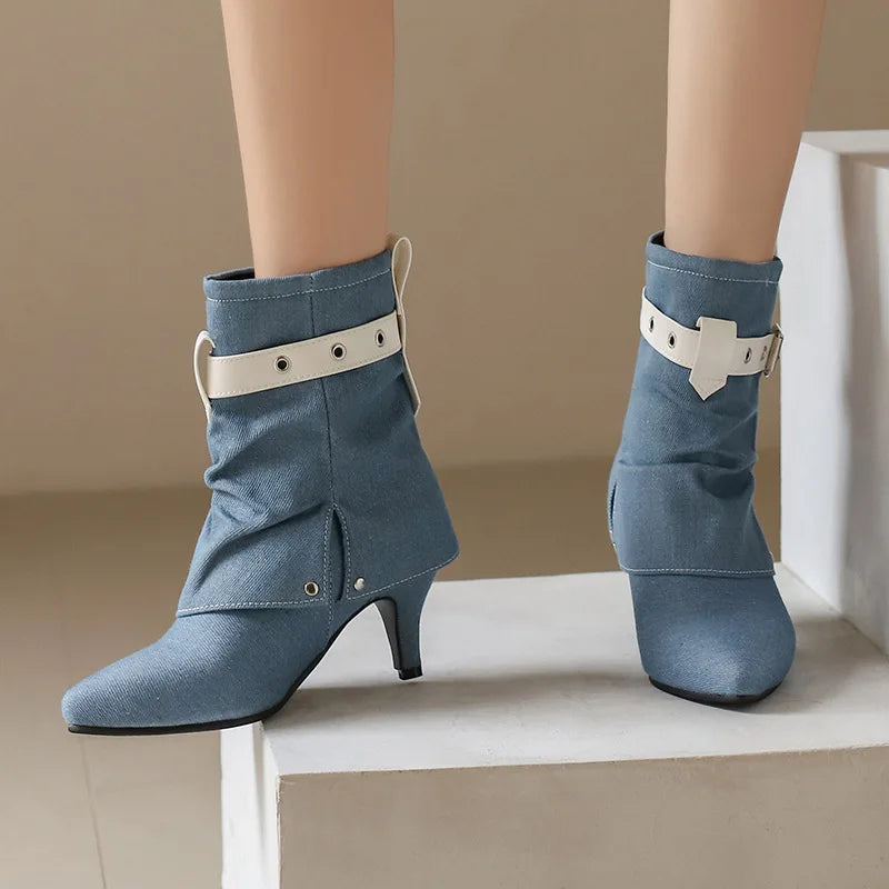 Western Style Denim Autumn Pointy Toe Ankle Boots With Belt Buckle for Women