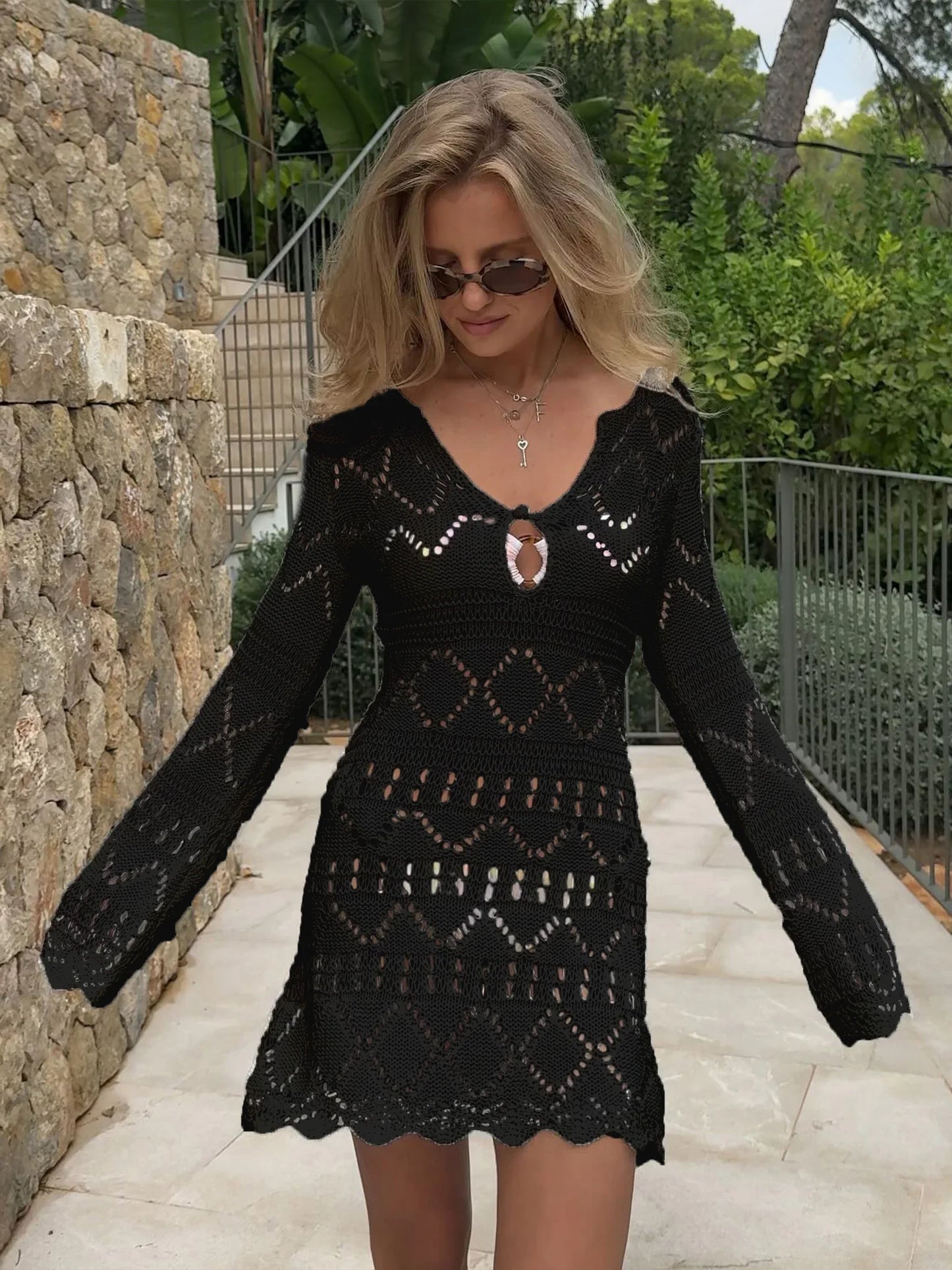 Sexy Knit Hollow Out V Neck White Slim Ruffled Edge Long Sleeve Beach Mini Dress 2025 New Women Vacation Swimsuit Cover Up K241