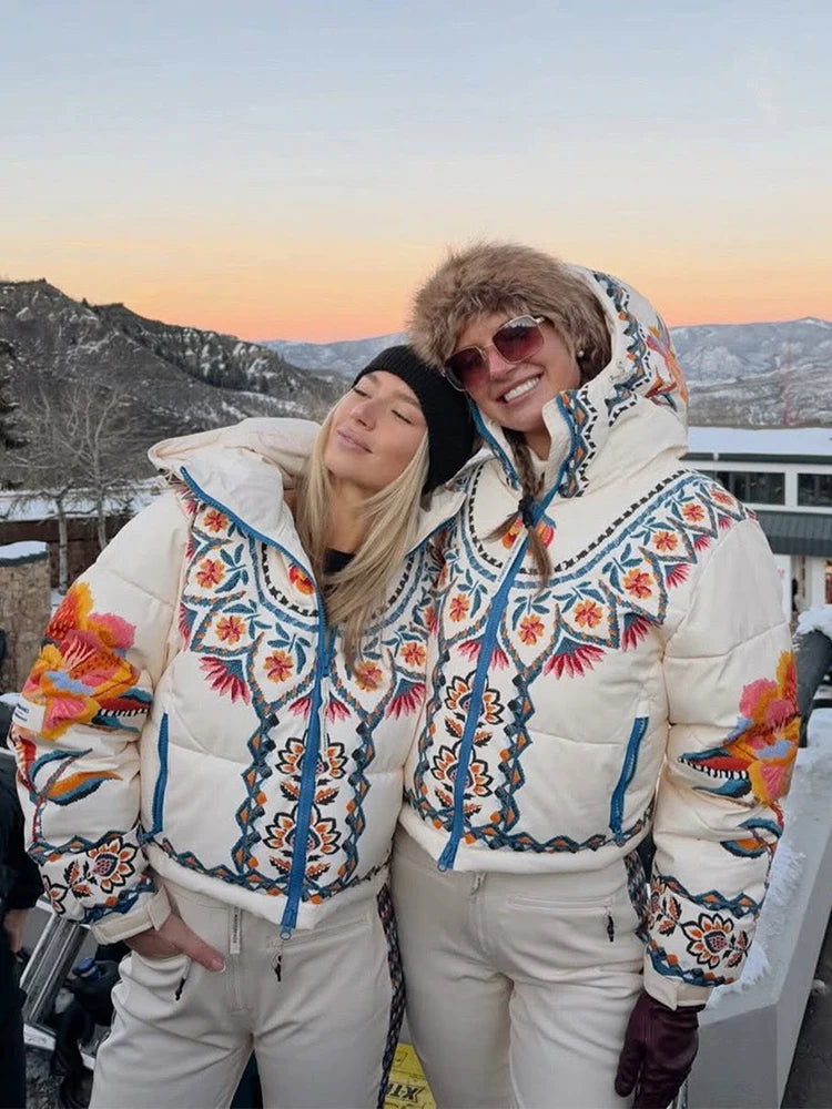 Printed Hooded Ski Jacket And Wide Leg Pants Set for Women