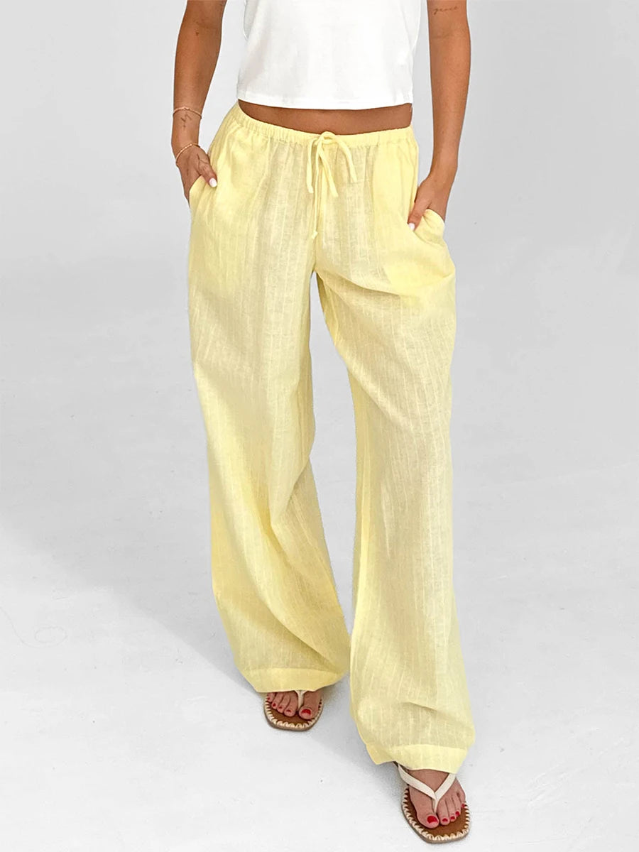 Women Loose Pants Stripe Micro-Sheer Drawstring Elastic Waist Trousers Spring Fall Casual Sweatpants Bottoms