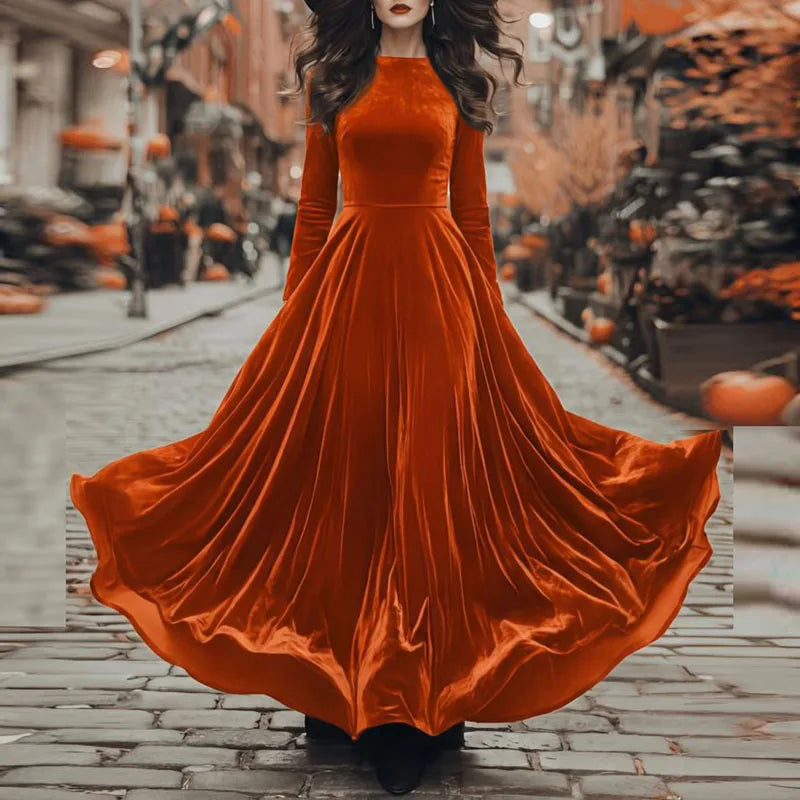 Elegant Velvet Long Sleeve A Line Maxi Dress for Women
