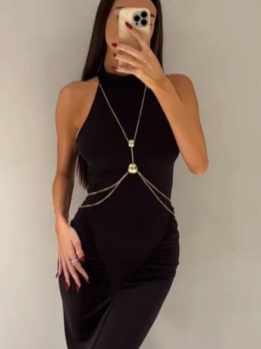 Elegant Metal Chain Pleated Dress Women Sleeveless Off Shoulder Patchwork Slim Long Dresses 2025 New Lady Evening Party Vestidos