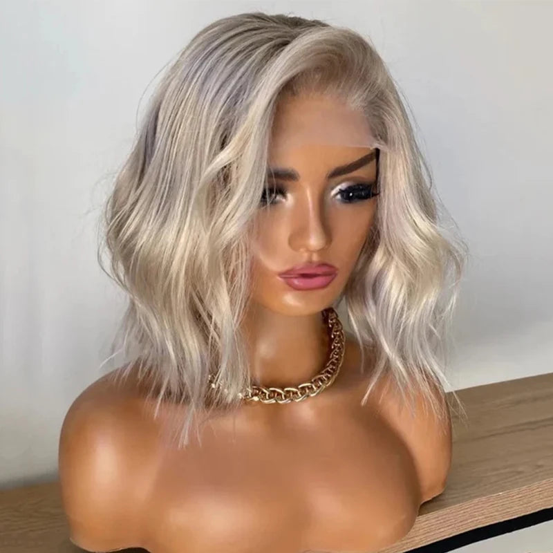 Platinum Icy Blonde Ombre Lace Front Wavy Bob Wig For Women