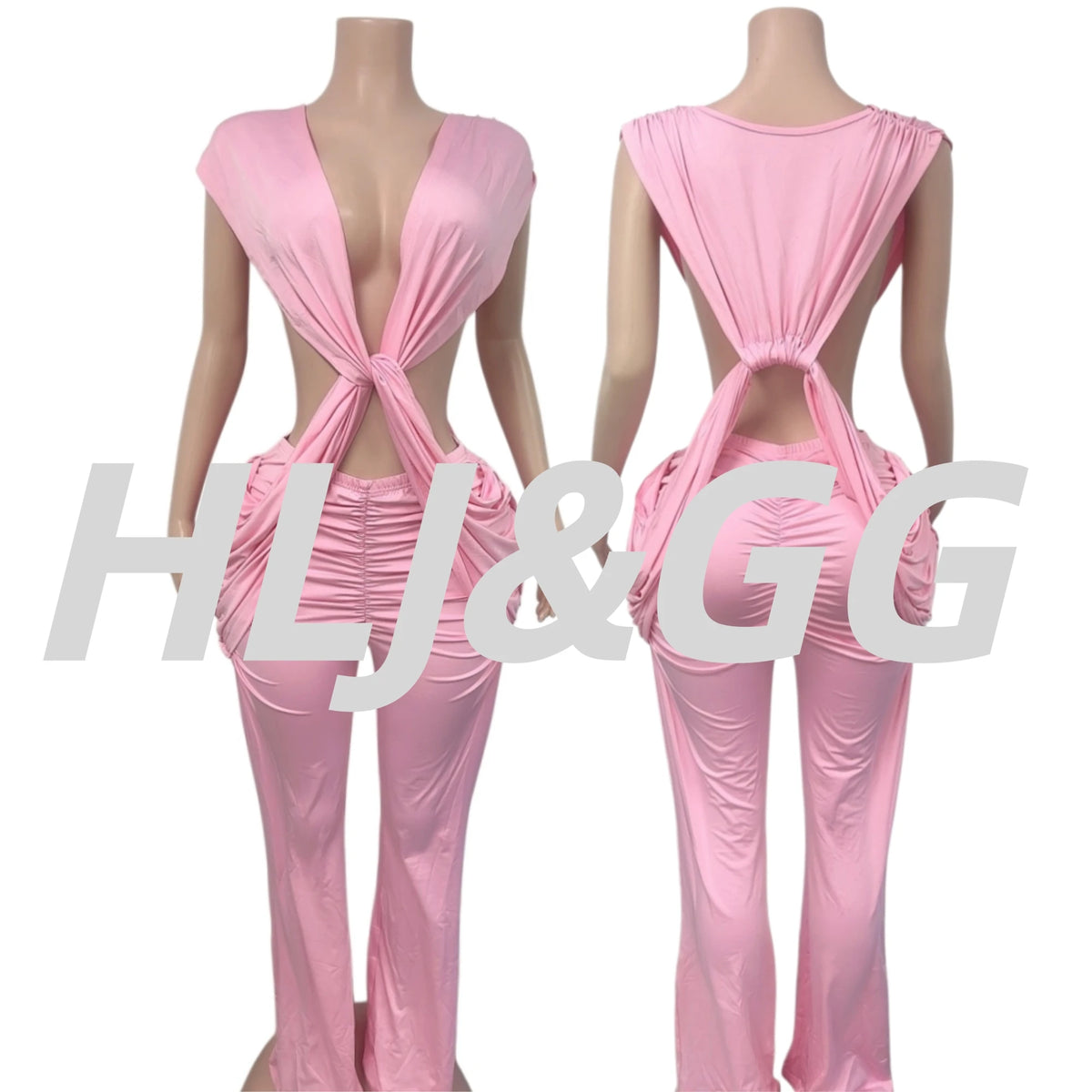 Halter Deep V Neck Ruched Flare Jumpsuit for Women