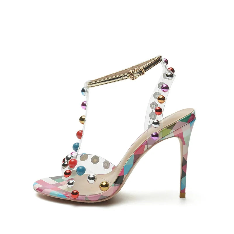 Studded Transparent T-Strap Stiletto Sandals for Women