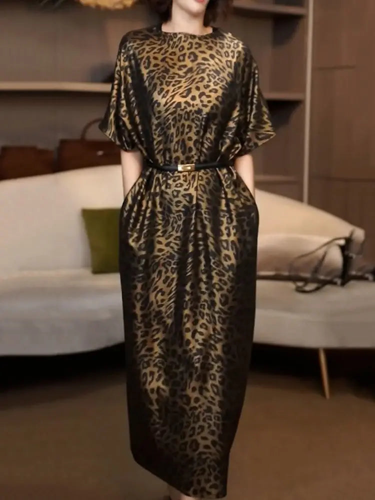 Lightweight Leopard Print V Neck Midi Dress For Women