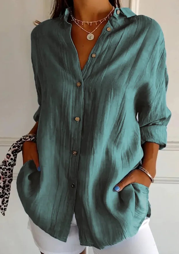 Relaxed Fit Long Sleeve Solid Color Blouse For Women