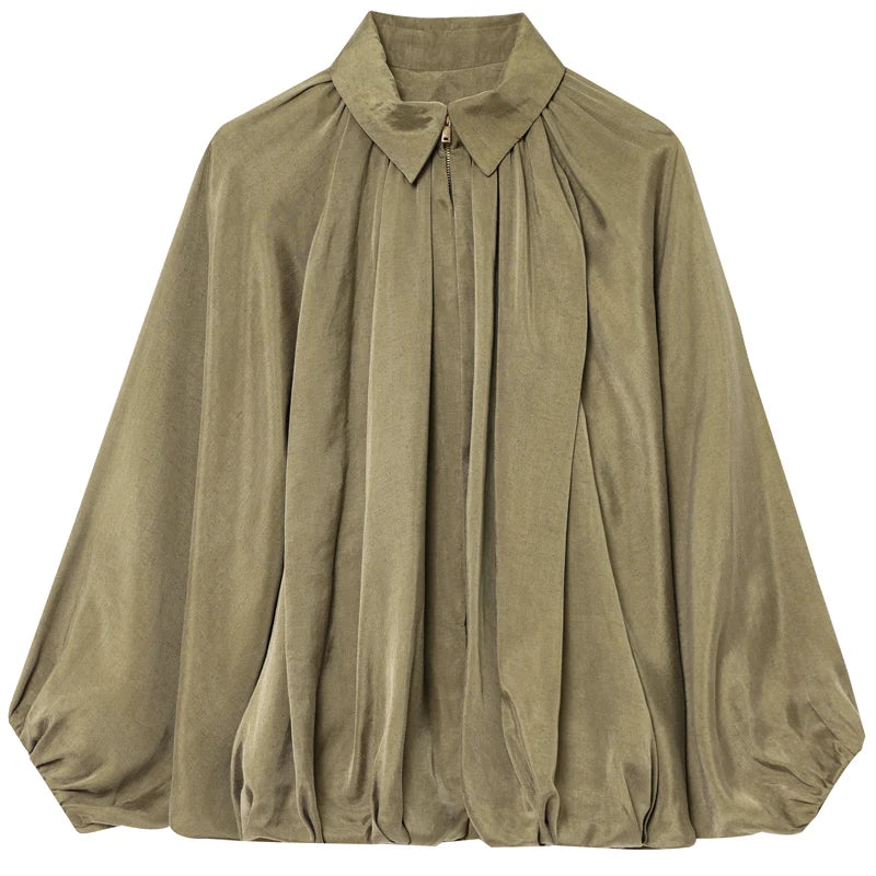 Ruffled Oversized Long Sleeve Bomber Jacket for Women