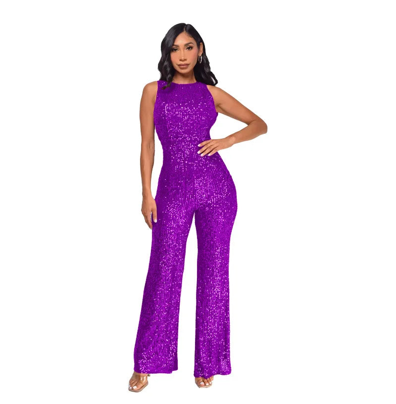 Glitter Sequin Round Neck Sleeveless High Waist Slim Fit Jumpsuit for Women