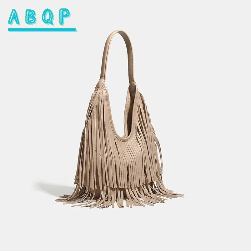 New Women's Shoulder Bag Solid Color Tassel Fashion Women's Shoulder Bag Large Capacity Retro Casual Women's Bag High Quality