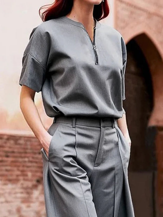 Krisstargirls 2025 Gray V-neck T-Shirts for Women Summer Loose Zipper Short Sleeves Office Leisure Fashion Elegant Tops Lady