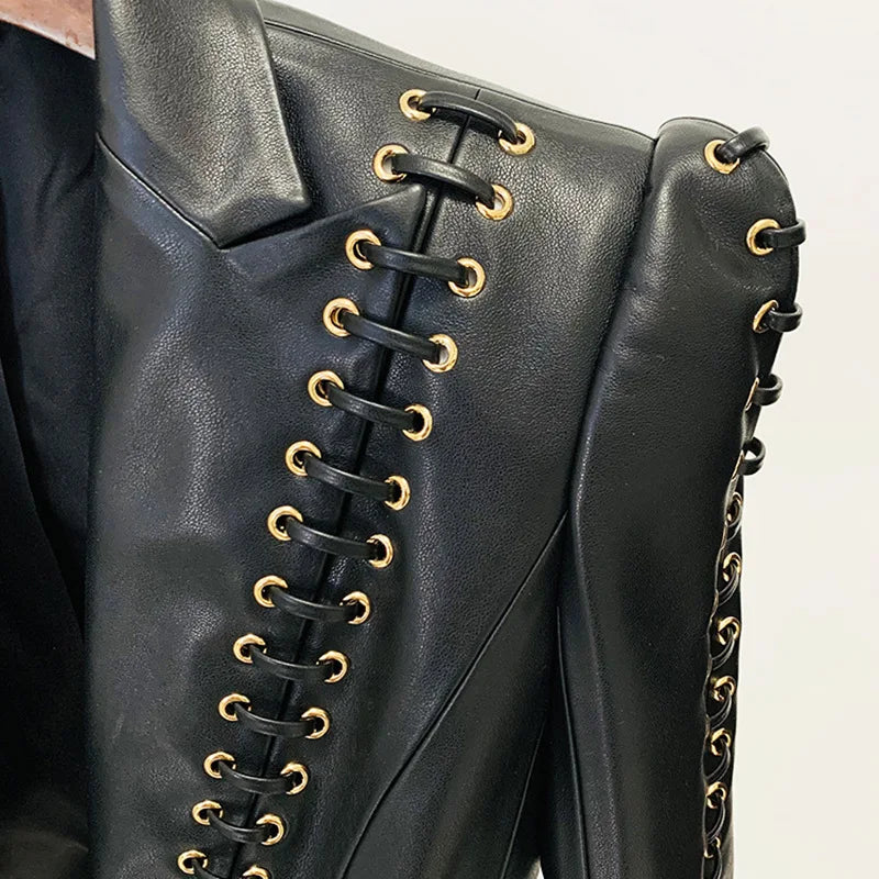 Mandarin Collar Lace-Up Faux Leather Jacket for Women