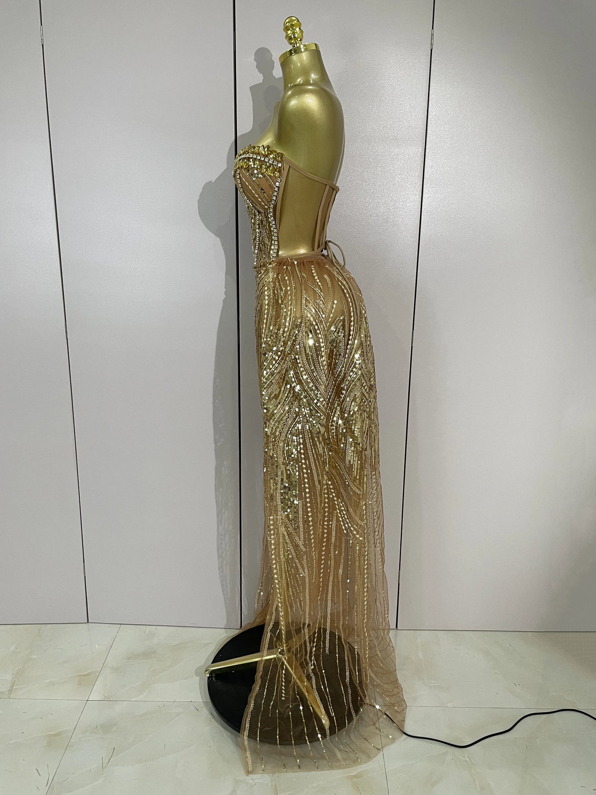 Elegant Sparkly Diamond Sequins Sexy Strapless See-Through Long Dress Women Evening Birthday Party Dress Nightclub Stage Costume