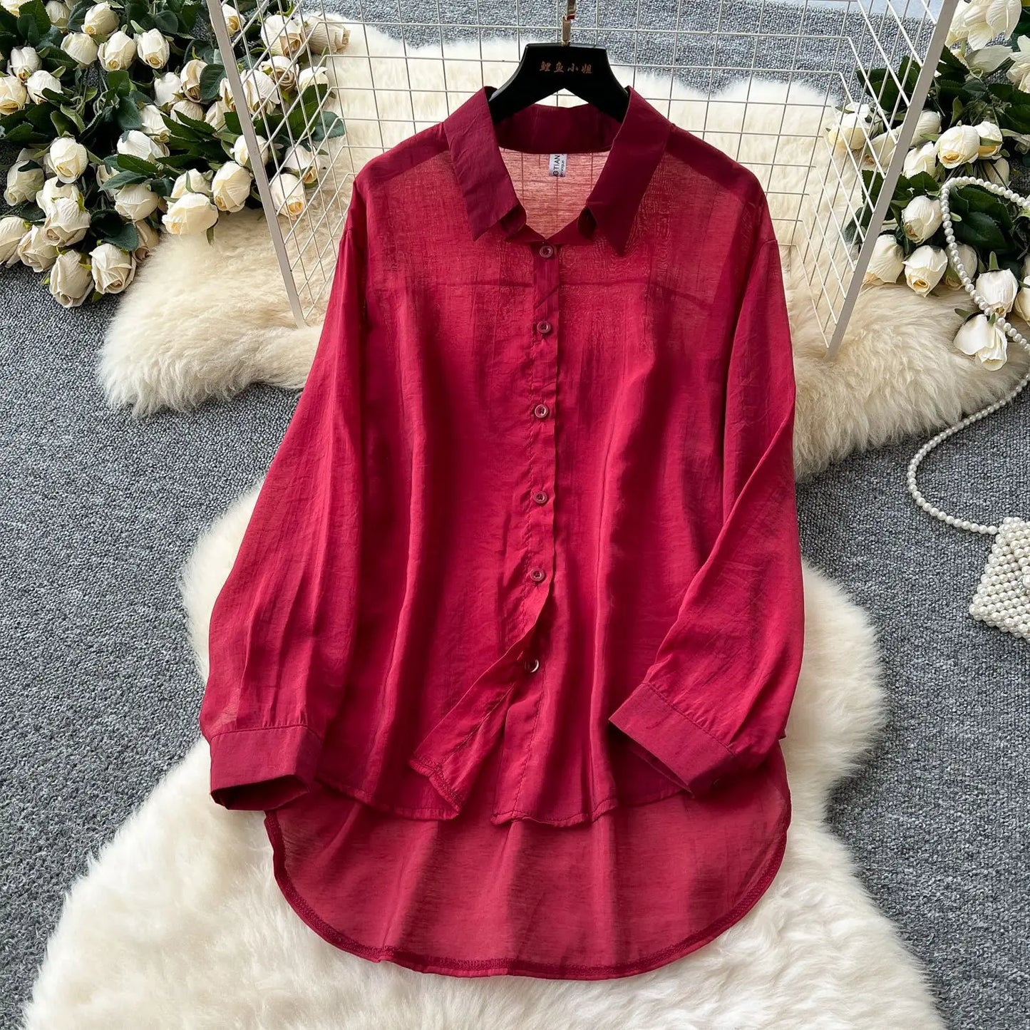 Elegant Long Sleeve Turn Down Collar Solid Color Two Piece Set for Women
