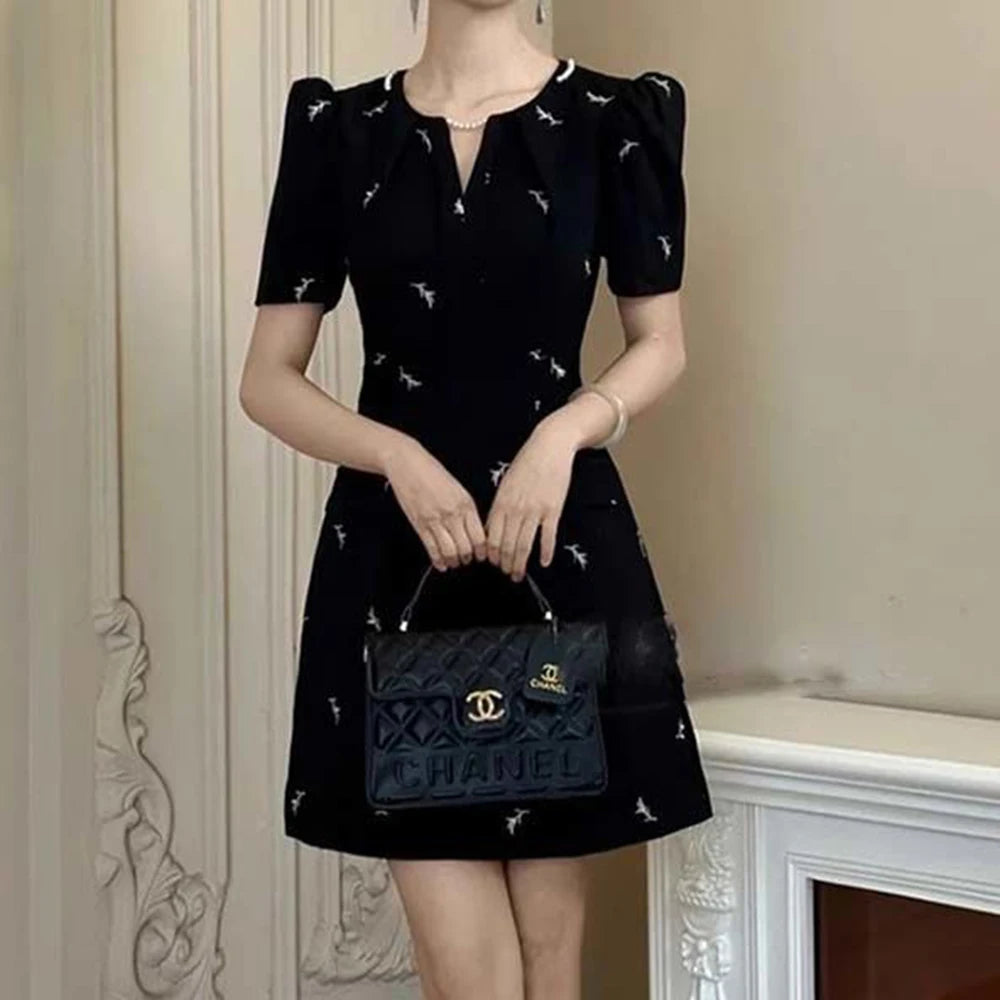 Hepburn Style Knee-Length Black A-Line Dress for Women