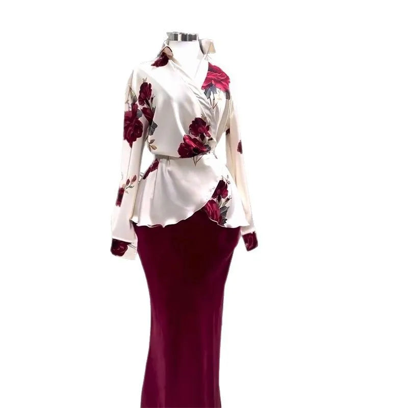 Two Piece Sets Women Skirt Set Turn Down Collar Print Floral Matching Sets Slim Fit Tight Waist Tops Long Skirts Y2k Streetwear