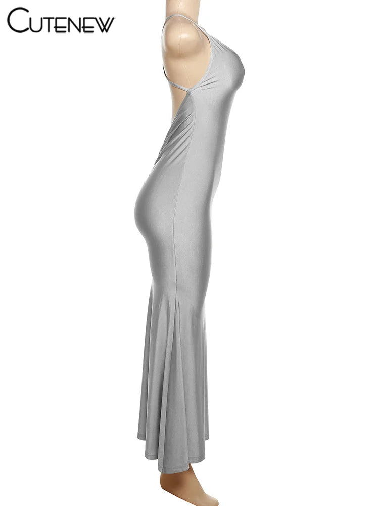 Red Shiny Backless Maxi Dress