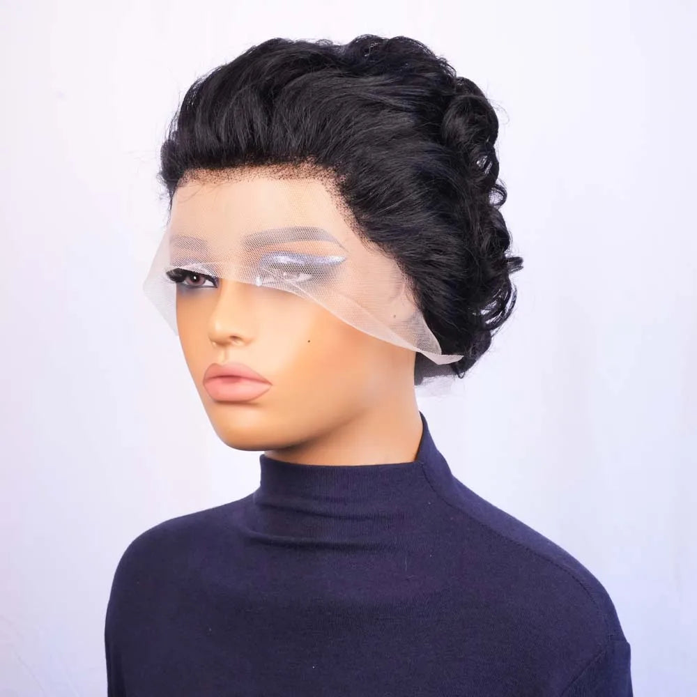 Short Curly Pixie Lace Front Human Hair Wig for Women