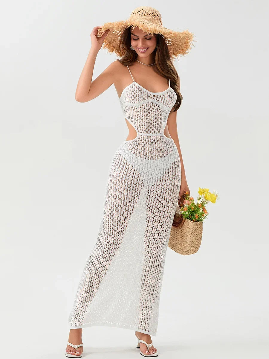 2024 Sexy See-through V Neck Cut Out Knit Beach Maxi Dress Summer Women's Holiday Elegant Outfit Swimsuit Cover Up Tunic A3094