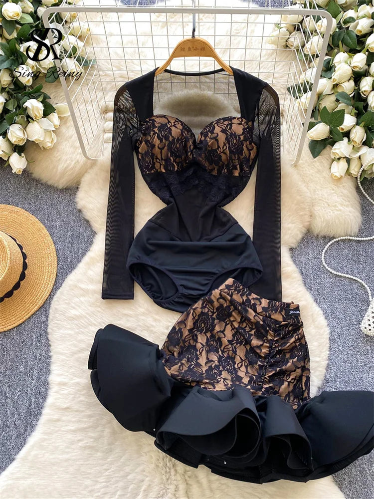 Floral Lace Mesh Bodysuit and Ruffle Mini Skirt Set for Women
