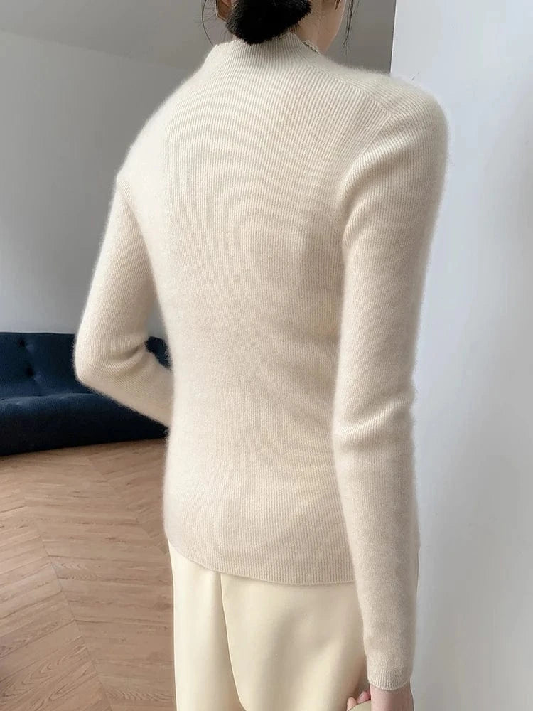 Women 100% Cashmere Sweater Mock Neck Pullover Autumn Winter Slim Basic Cashmere Knitwear Soft Warm High Strecth Pullover Tops