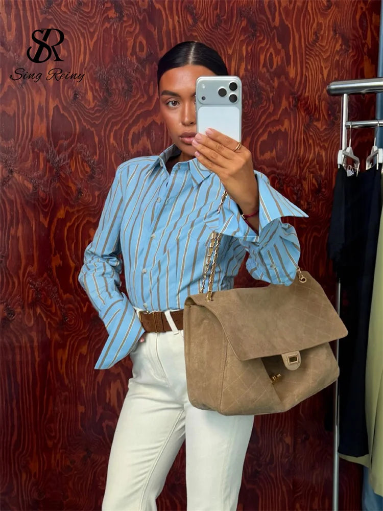 French Retro Striped Button Up Long Sleeve Blouse for Women