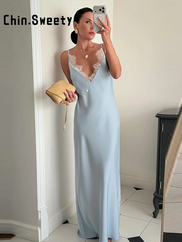 Elegant Lace V Neck Backless Maxi Evening Dress for Women
