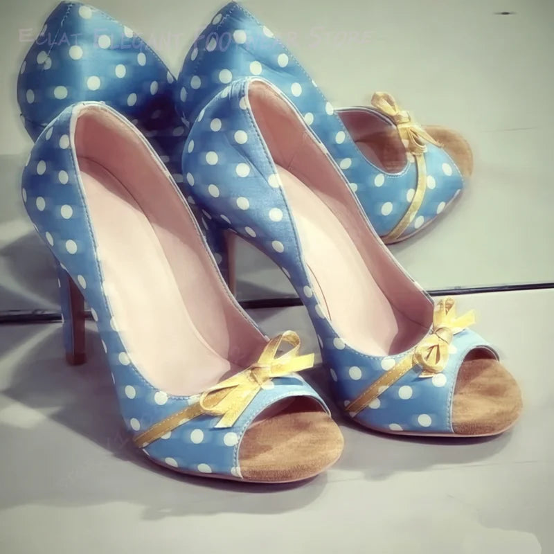 Polka Dot Peep Toe Stiletto Satin Pumps With Silk Bow Buckle For Women