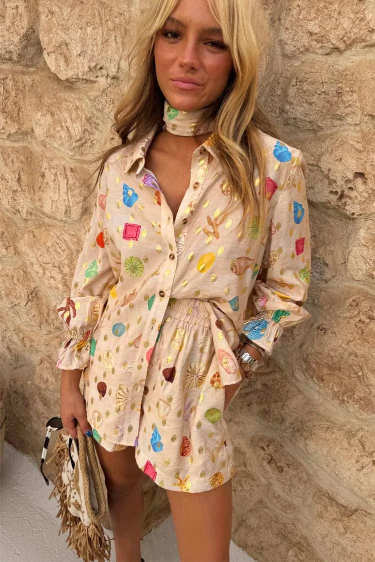 Printed Loose Lapel Long Sleeve Shirt Shorts Two Piece Set For Women