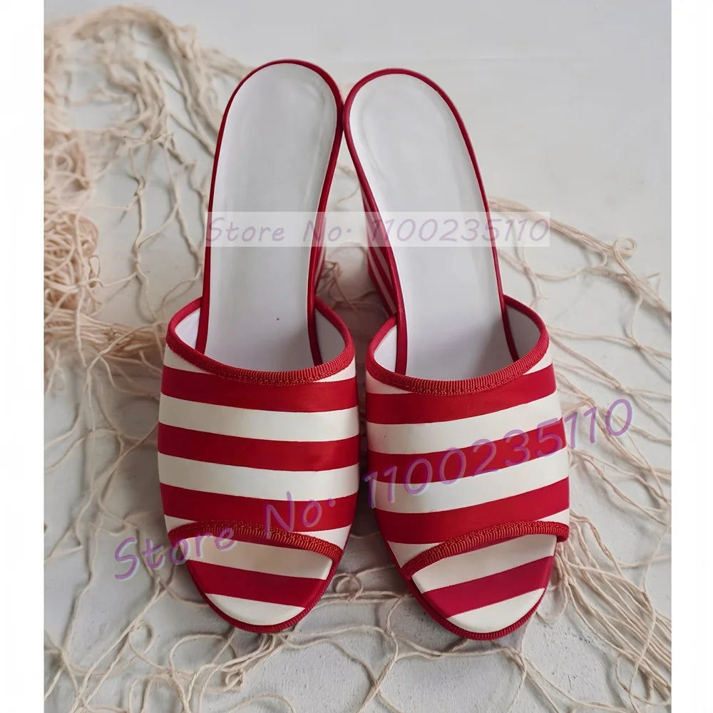 Elegant Red Stripe Canvas Open Toe Wedge Mules For Women