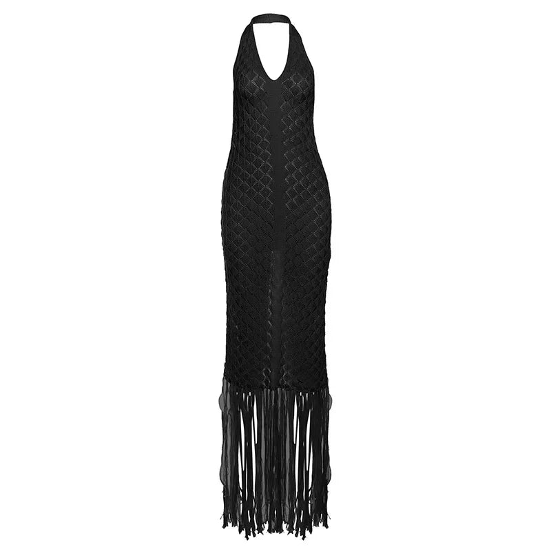 Elegant See Through Crochet Tassel Halter Dress for Women
