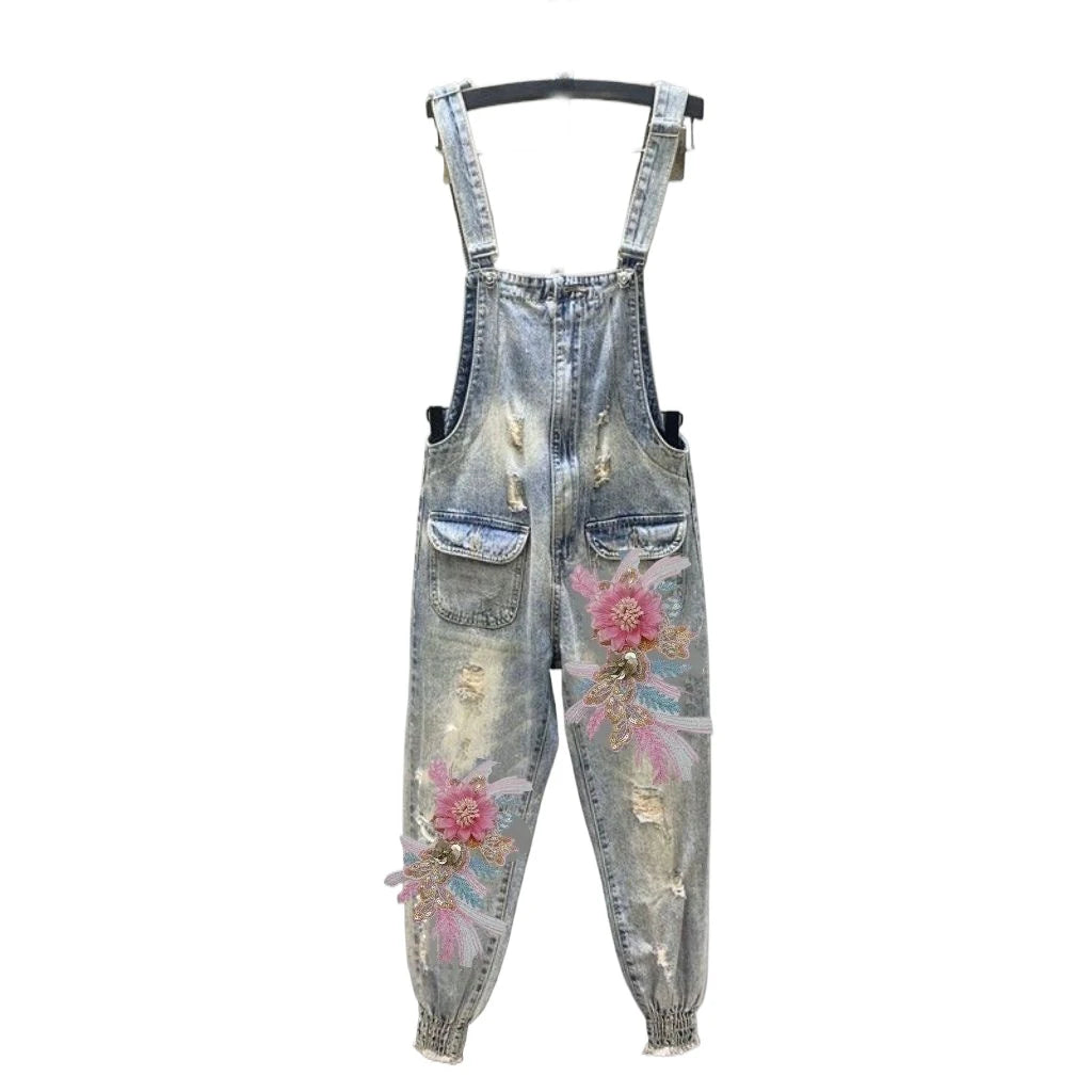 Women Jeans Jumpsuit Industry Nail Bead 3D Flower Bundle Foot Cowboy Strap Pants Casual Loose Wide Leg Bundle Foot Jumpsuit
