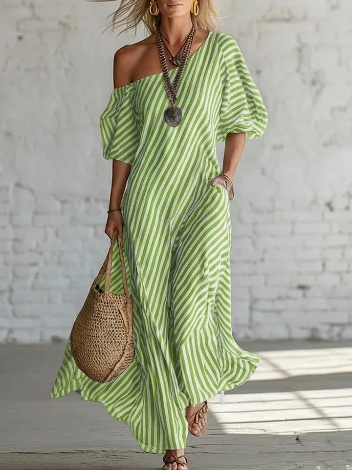 Striped Off Shoulder With Pockets Maxi Dress for Women