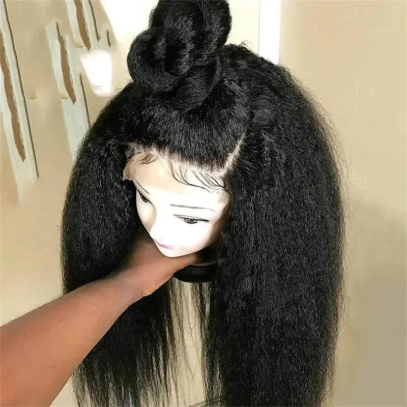Yaki Kinky Straight Soft Black Color Synthetic 13X4X1 HD Lace Frontal Wig For Women Prepucked With Baby Hair Glueless Wig Party