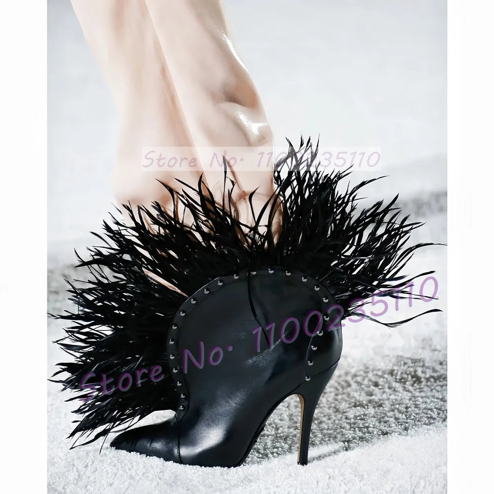 Feather Trimmed Leather Pointy Toe Ankle Boots For Women