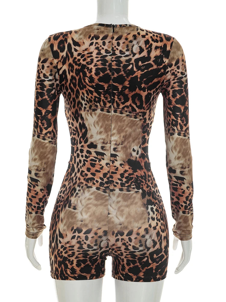 Leopard Print Hollow Out Two Piece Playsuit for Women