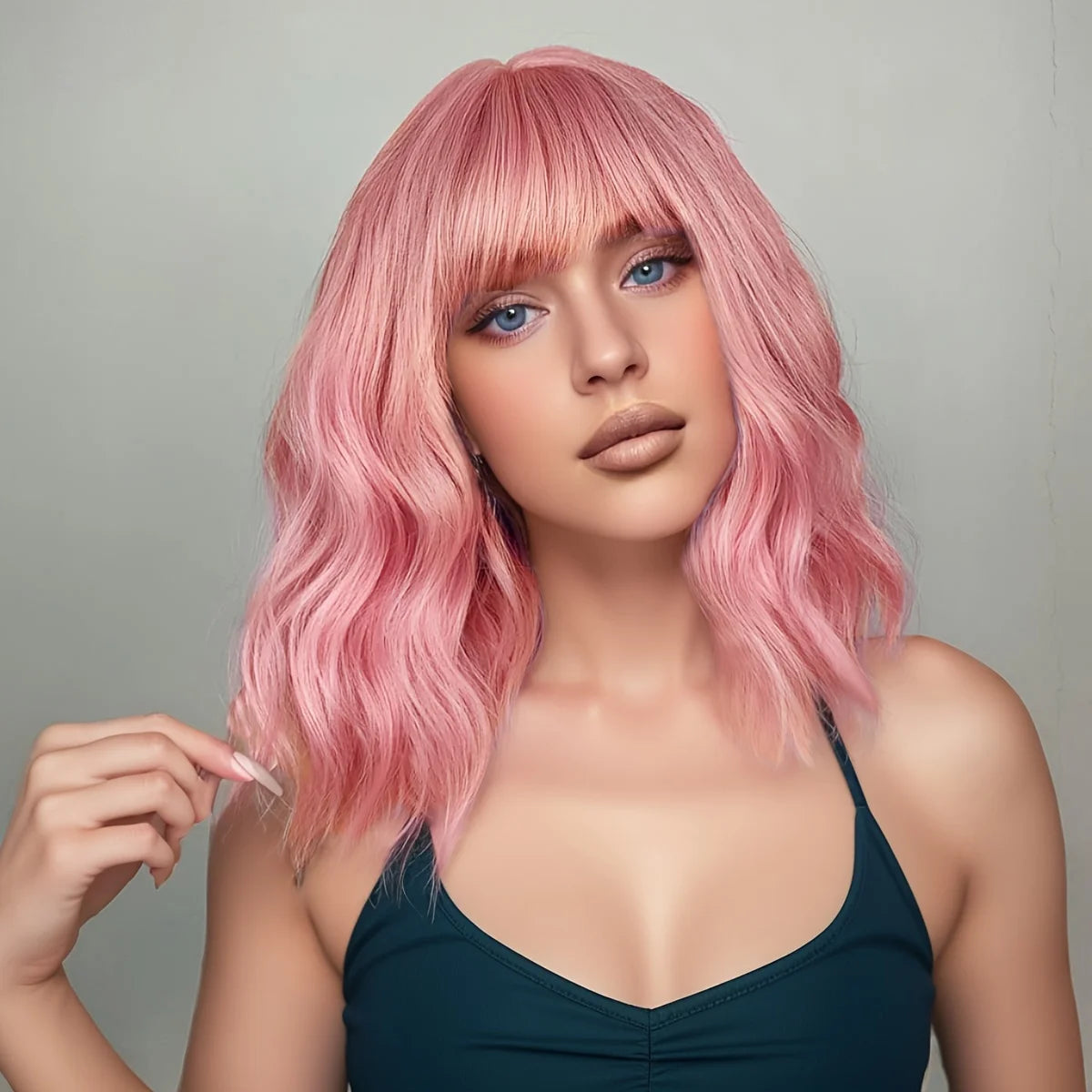 Heat Resistant Blue Body Wave Bob Wig With Bangs For Women