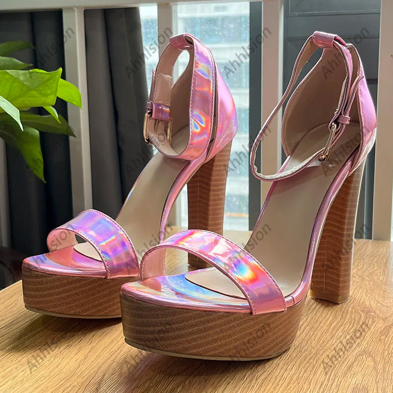 Silver Open Toe Platform Sandals With Square Heels For Women