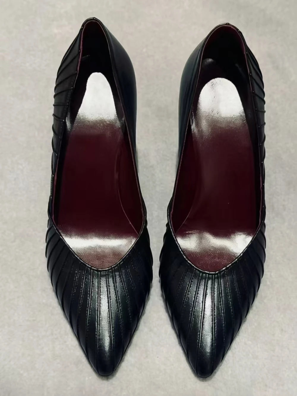 Retro Black Leather Pointed Toe Mid Heel Pumps With Pleated Detail for Women